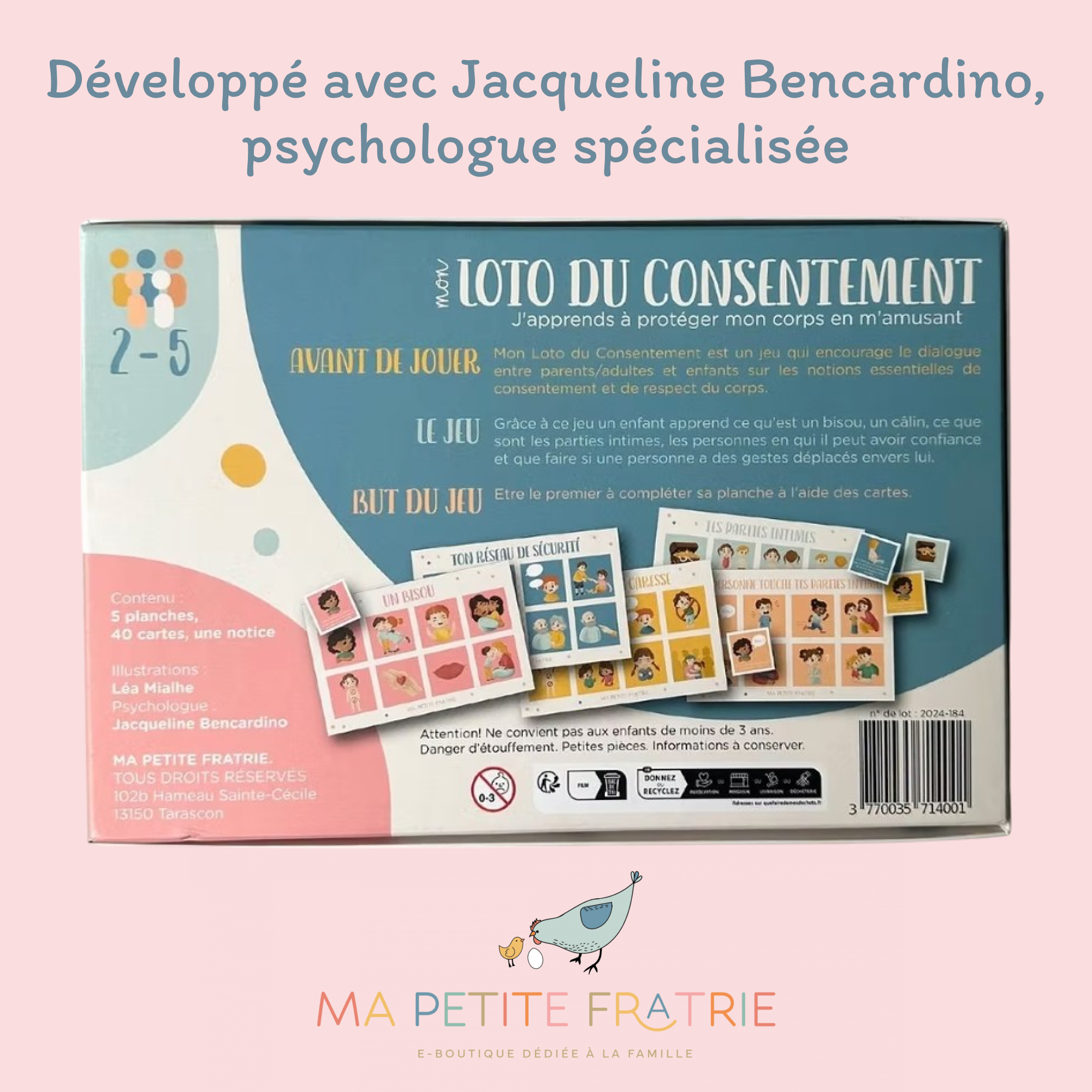 Arrière de la boîte du jeu éducatif Mon Loto du Consentement avec les informations pédagogiques